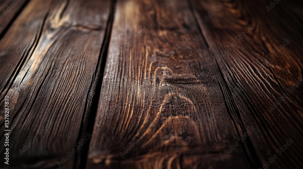 Poster close up of dark brown wooden planks with visible grain and texture creating a rustic background