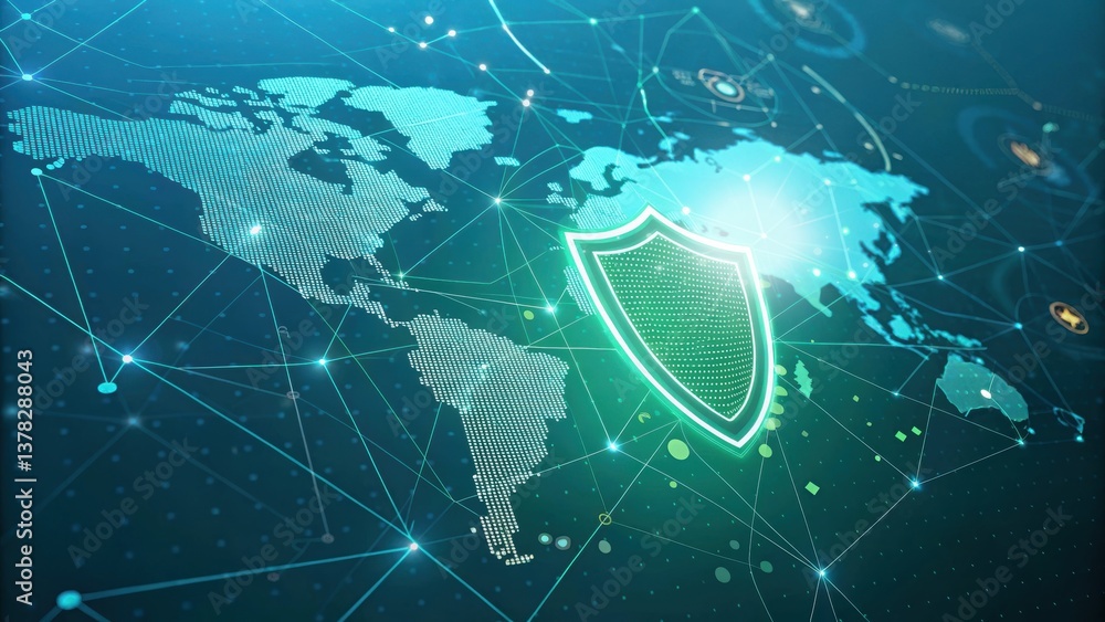 Poster digital world map with a shield symbol, representing cybersecurity and data protection in a connecte