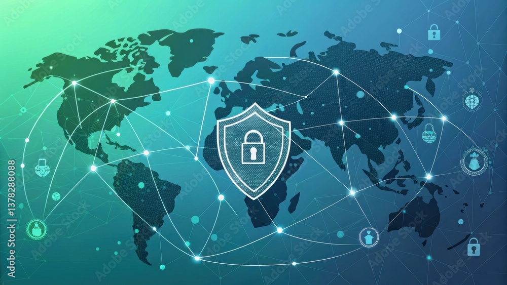 Poster digital world map with a shield symbolizing cybersecurity, connected by lines representing networks 