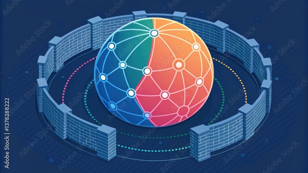 Poster digital illustration of a colorful globe surrounded by a circular structure, symbolizing global conn