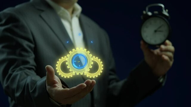 Business efficiency concept, how much a company or organization can produce as it relates to time, cost and quality. Businessman shows animated operation efficiency icon on virtual screen.