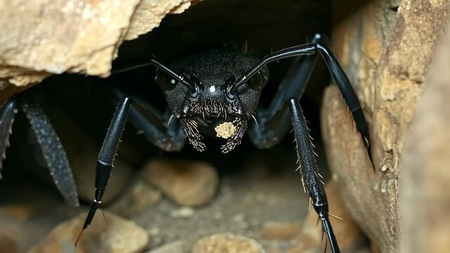 Large black ant emerging from crevice