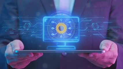 Business efficiency concept, how much a company or organization can produce as it relates to time, cost and quality. Businessman shows animated digital transformation icon on virtual screen.