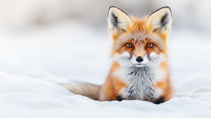 Obraz premium Red fox sitting in fresh white snow during winter, close-up portrait of wild animal in cold nature setting