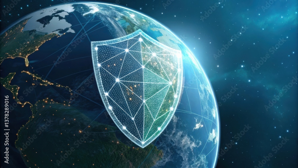 Poster a digital globe with a protective shield overlay symbolizes global security and connectivity in cybe