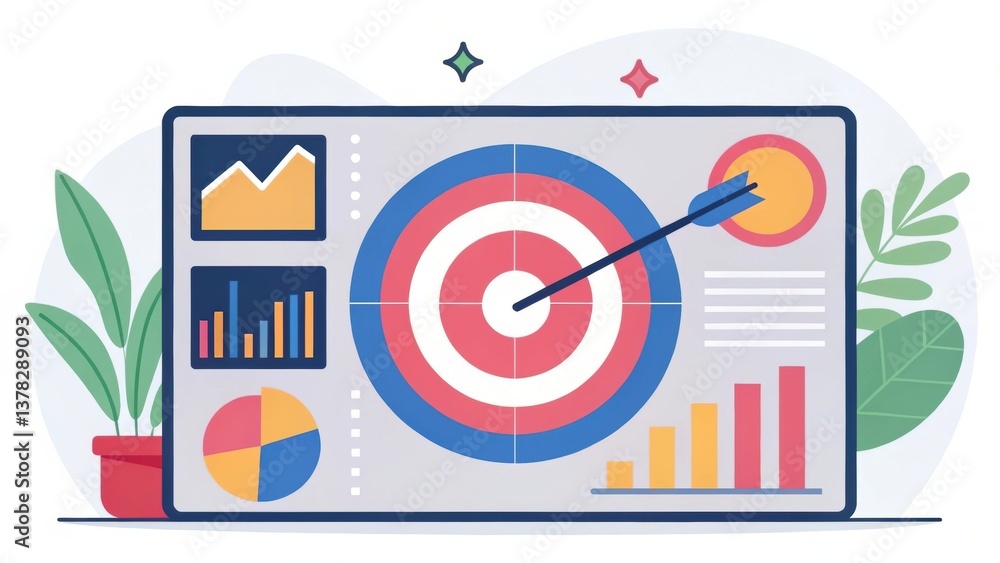 Poster digital illustration of a dashboard featuring graphs and a target with an arrow, symbolizing data an