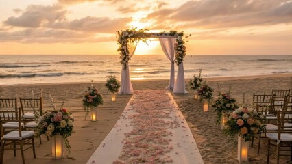 A beautiful beach wedding setup with an arch, floral decorations, chairs, and a sunset over the ocean.