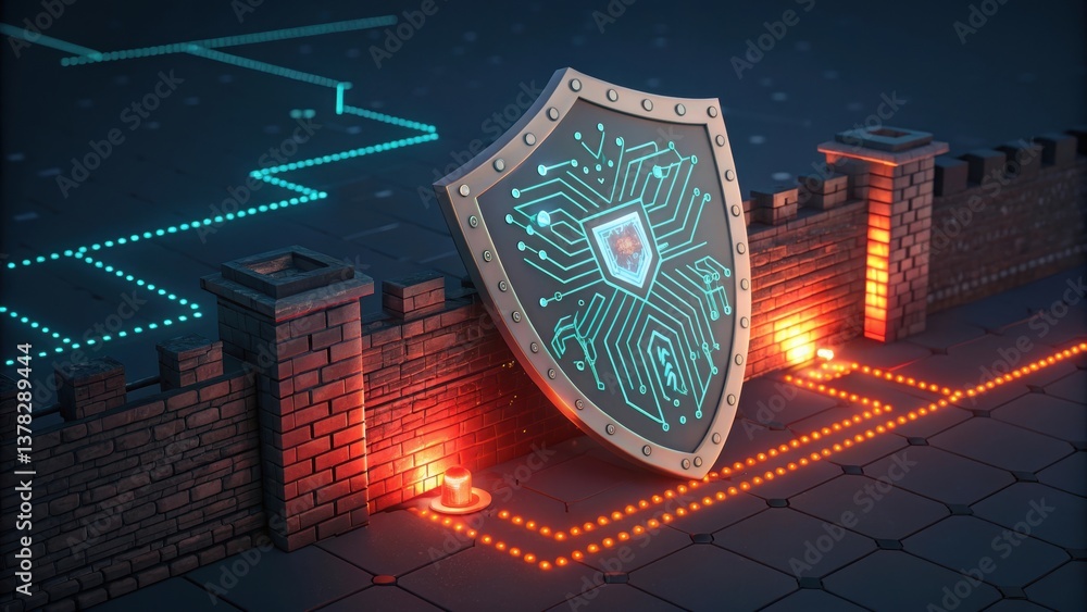 Poster digital artwork featuring a shield with circuitry designs against a brick wall, symbolizing cybersec