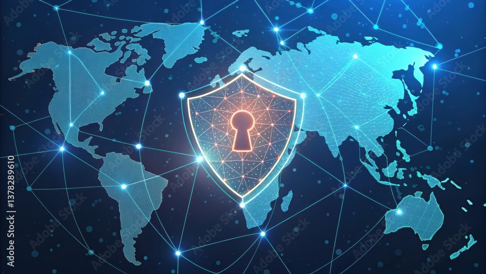 Poster a digital globe featuring a shield with a keyhole, symbolizing global cybersecurity and protection i