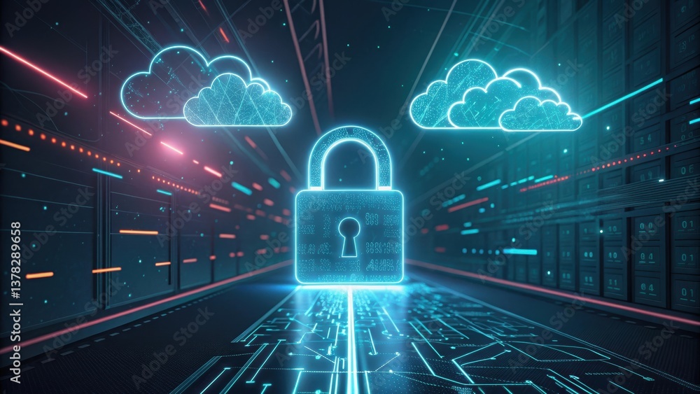 Poster digital representation of a padlock surrounded by clouds, symbolizing cybersecurity and data protect