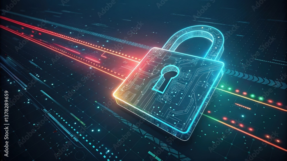Poster digital illustration of a glowing padlock symbolizing cybersecurity, surrounded by data streams and 