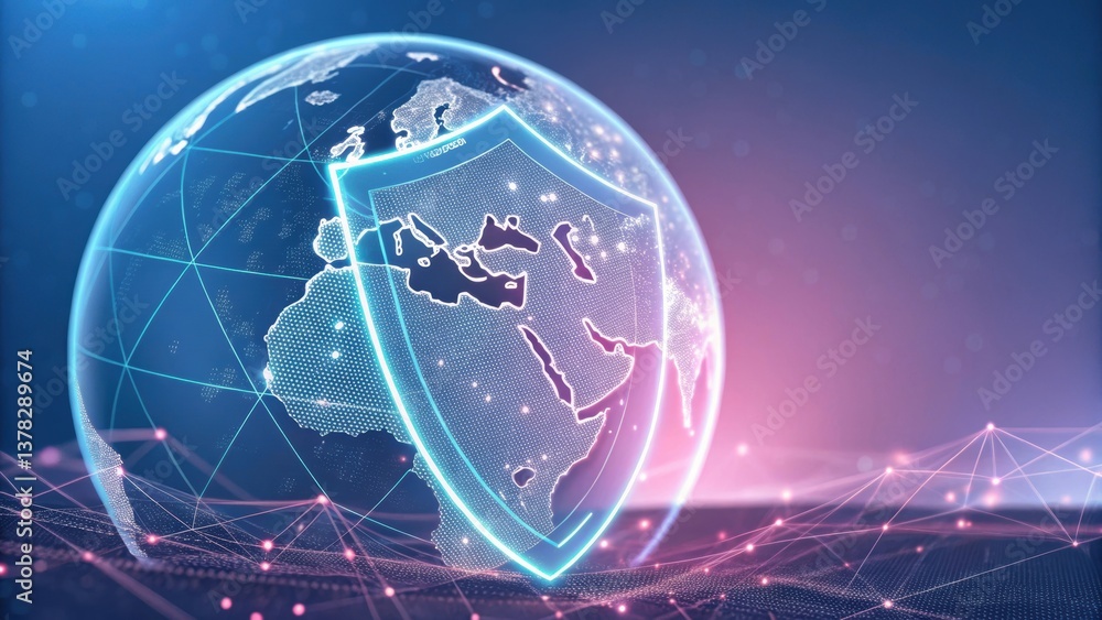 Poster digital globe with a protective shield overlay, symbolizing cybersecurity and global connectivity in