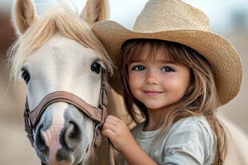 Little girl wearing cowboy hat bonding with white horse