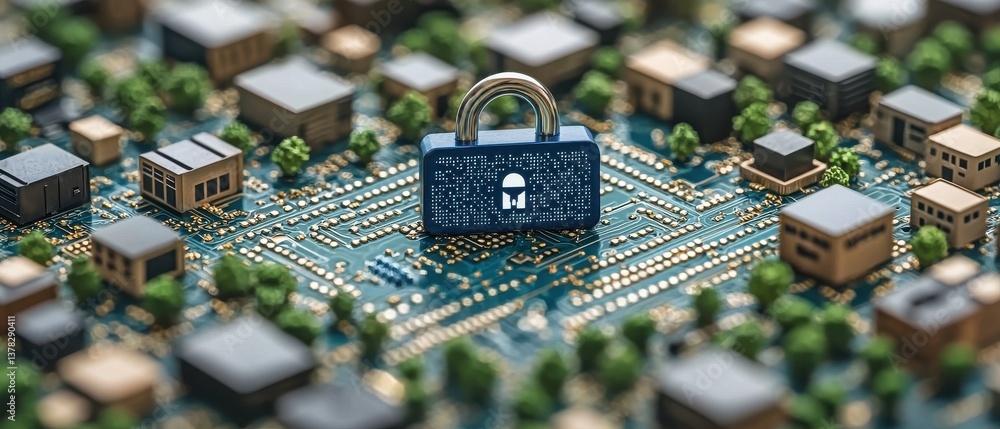 Poster a computer chip with a lock on it is surrounded by buildings