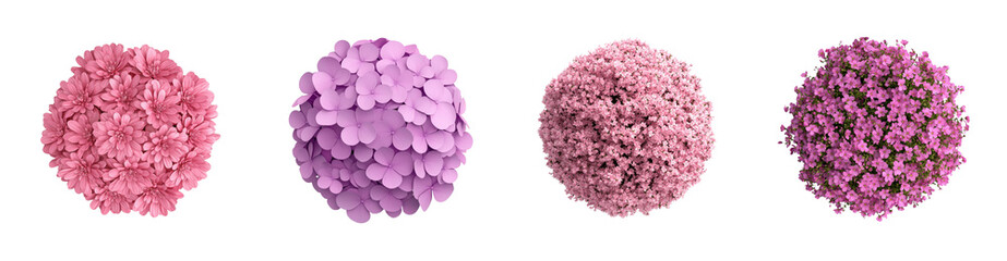 Fototapeta premium Overhead View of Four Colorful Flower Globes Pink Chrysanthemums Purple Hydrangeas Pink Blossoms and Magenta Aubrieta