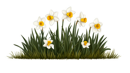 Daffodils with grass, spring flowers illustration, floral composition, cut out transparent