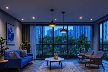 A living room with a blue couch, a coffee table, and two chairs