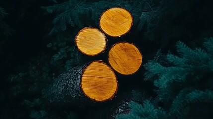 Four cut tree logs lying surrounded by dark green foliage