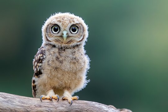 Cute spotted owlet chick perching on branch with intense gaze - Powered by Adobe