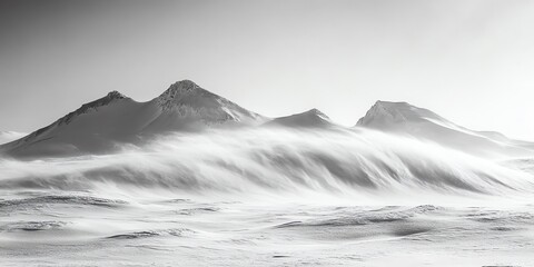Snowy Mountains Landscape with Drifting Snow and Peaceful Cold Atmosphere