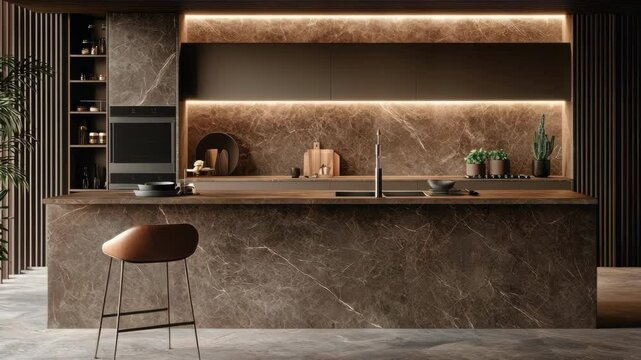 Modern kitchen with marble countertops, island, and warm lighting