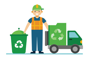 Sanitation Worker Near Green Recycling Bin and Truck on White Background