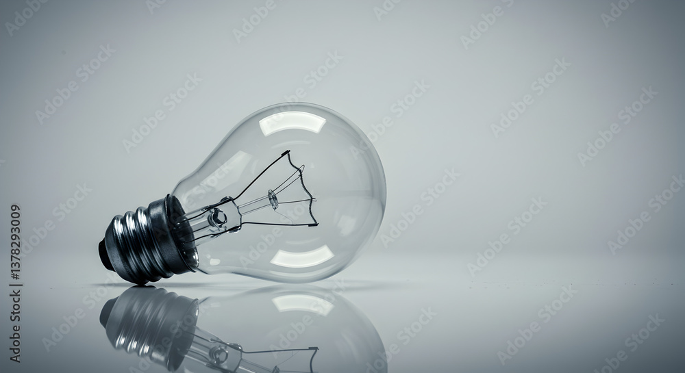 Poster lightbulb lying on its side with a reflection in a neutral background