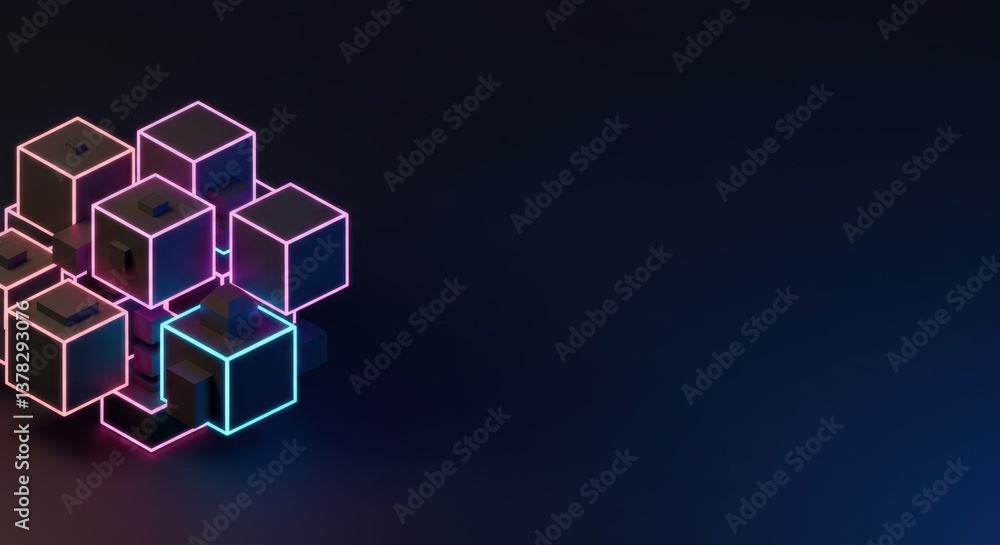 Poster abstract neon cubes 3d render: interconnected geometric shapes in a dark space