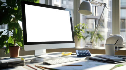Mockup of the architect's monitor. On the table is a computer monitor with a calculator, keyboard, papers, a cup and a potted plant. Presentation of the construction company's website