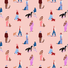 a group of young stylish trendy multi ethnic girls women walking their dogs urban city vibes dog lovers inclusivity diversity mindfulness wellbeing seamless pattern surface design pink background	
