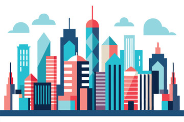 Stylized Skyline with Colorful Buildings and Clouds on White Background