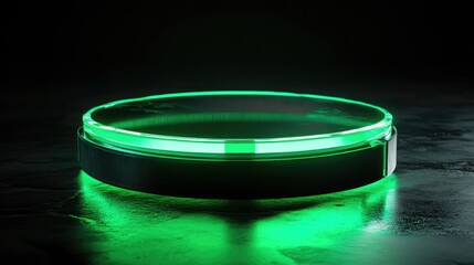 A transparent, circular glass platform illuminated by a green neon light glows against a dark background