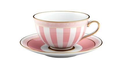 Pink striped teacup and saucer with gold trim, cut out transparent
