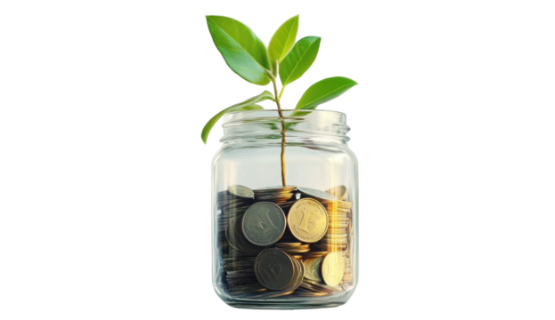 A glass jar filled with coins and a growing plant - Powered by Adobe