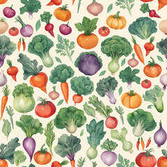Seamless vector pattern with vegetables. Hand-drawn background with tomatoes,, pumpkins,, carrots, cabbage, onions. For textile, wallpaper, kitchen print design. EPS10 vector file
