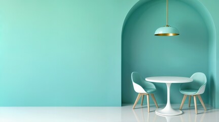 Sophisticated mid-century modern dining space with turquoise walls, white round table, light-blue glossy chairs, warm pendant light, polished floor reflection, elegant minimalist style, clean composit