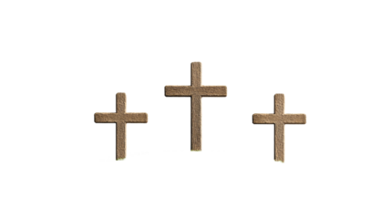 Three rustic wooden crosses stand on a grassy mound, cut out transparent