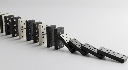 Domino Effect:  Black and white dominoes falling in a row, illustrating the concept of cause and effect, chain reaction, and the interconnectedness of events. 