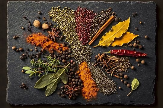 Artful arrangement of spices and herbs in a radiating pattern, showcasing natural beauty and culinary ingredients on slate.