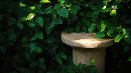 A round stone platform surrounded by lush green foliage with various types of leaves
