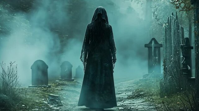 Gloomy figure in a cemetery