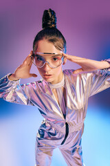 Futuristic fashion statement with vibrant holographic colors in a modern setting