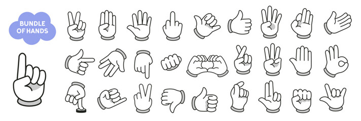 Set of cartoon hands gestures with different signs and symbols