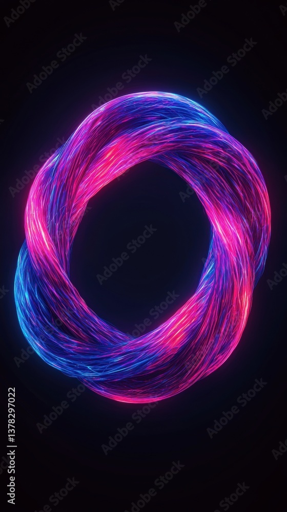 Poster a vibrant, glowing loop of intertwining strands in blue and pink against a dark background, creating