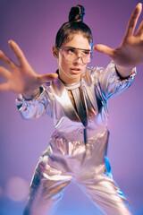 Stylish woman in holographic attire expressing futuristic fashion and bold trends