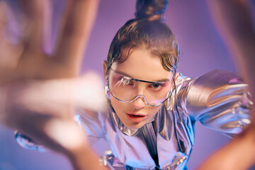 Futuristic elegance with a stylish woman in holographic fashion against a vibrant backdrop