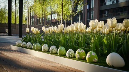White tulips and decorated Easter eggs arranged in a modern planter, showcasing spring freshness and festive decoration, ideal for seasonal greetings or springtime concepts