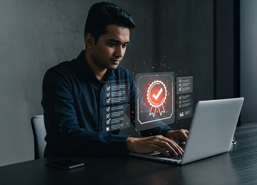 Man types on laptop with floating checklists and certificate badge, symbolizing verified documentation and completion in dark office setting.