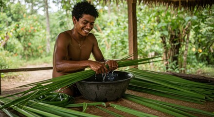 Man washing palm leaves