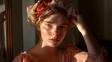 A Victorian woman adjusting her elaborate bonnet in a vanity mirror, with soft sunlight illuminating the room.

